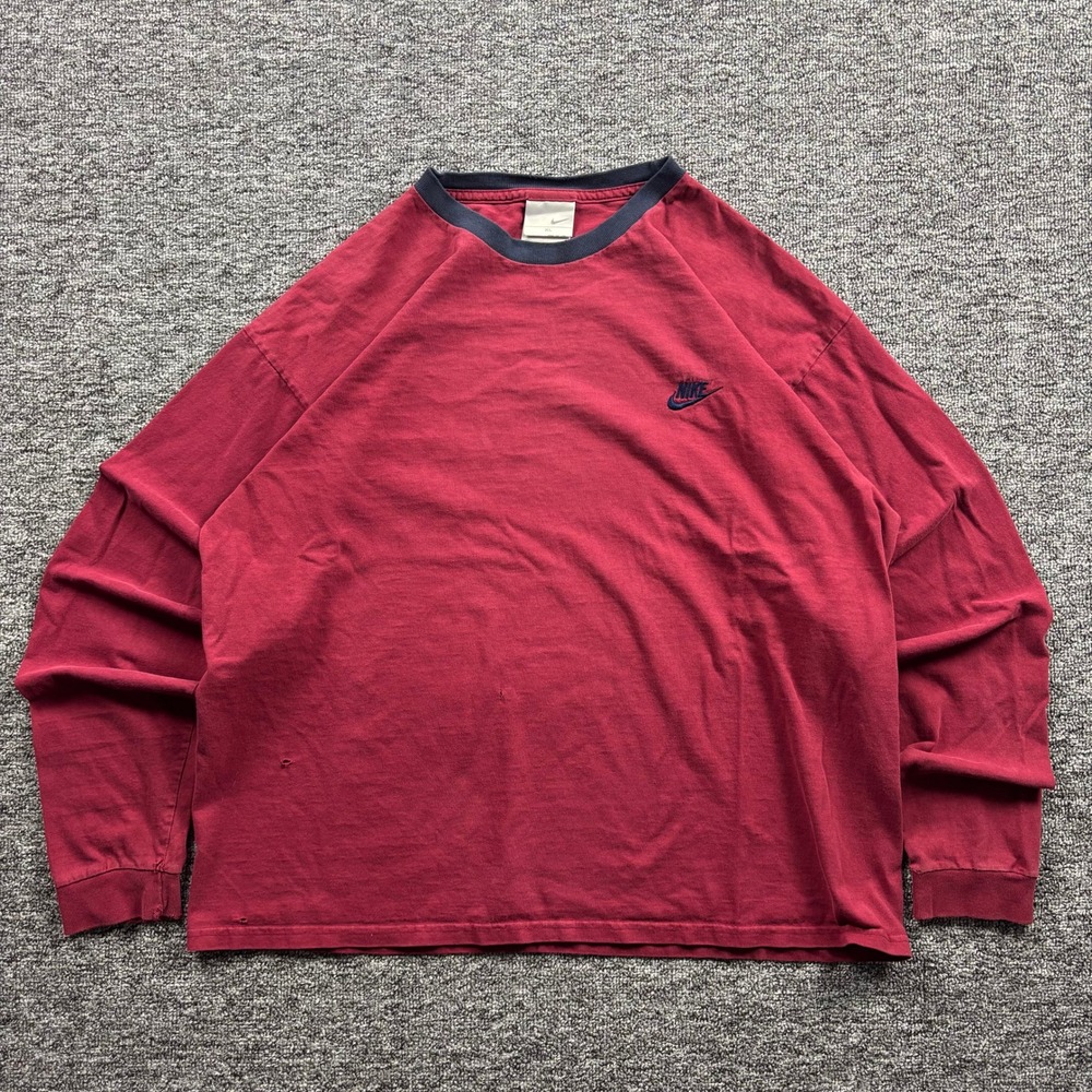 Vintage Y2K Distressed Nike Long Sleeve Ringer Maroon T-Shirt Men's Size XL